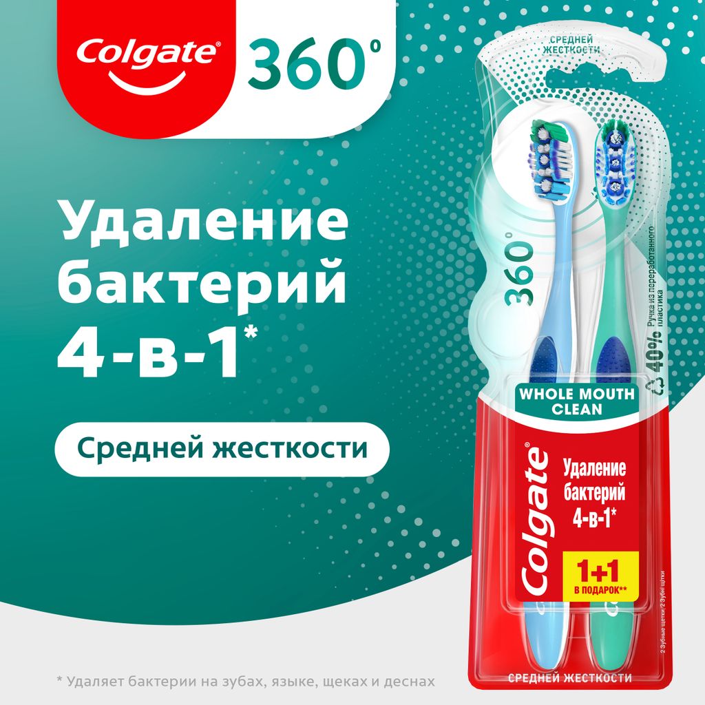 Colgate 360 Суперчистота Зубная щетка средняя, щетка зубная, средней жесткости, 2 шт.