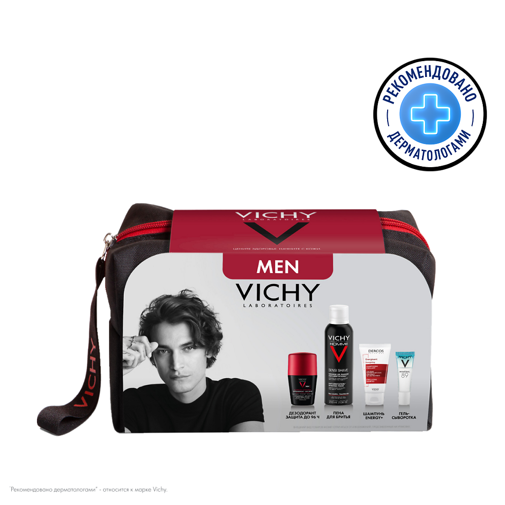 фото упаковки Vichy Homme Набор для мужчин, Пена для бритья 200мл+Дезодорант 50мл+Шампунь 50мл+Гель-сыворотка 10мл, 1 шт. фото упаковки Vichy Homme Набор для мужчин