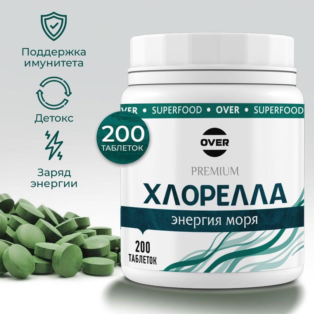 фото упаковки Over Premium Хлорелла, для похудения таблетки, очищение организма, витамины для иммунитета