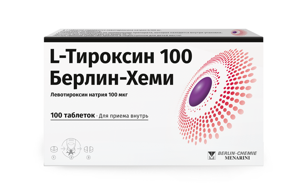 L-Тироксин 100 Берлин-Хеми, 100 мкг, таблетки, 100 шт. купить по цене от 120 руб в Екатеринбурге, заказать с доставкой в аптеку, инструкция по применению, отзывы, аналоги, Berlin-Chemie/Menarini Group