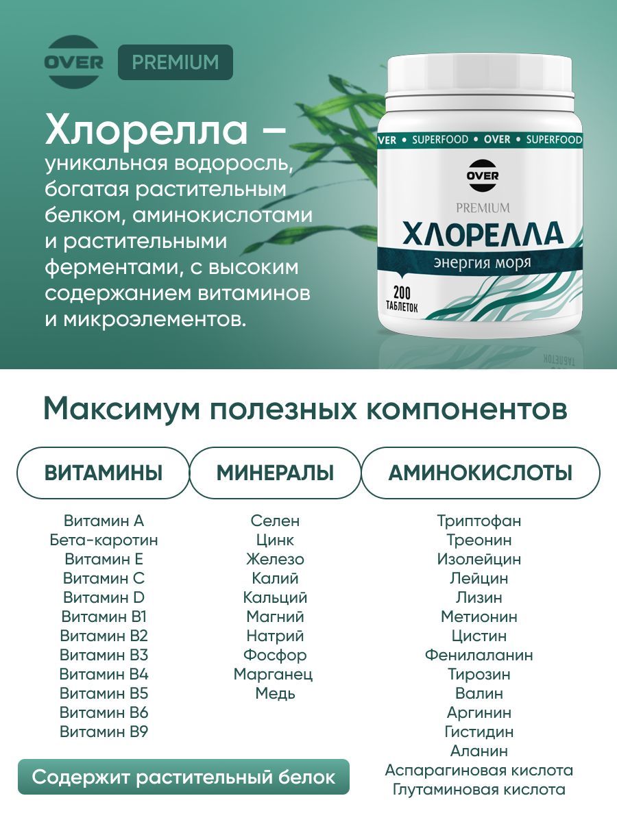 Over Premium Хлорелла, для похудения таблетки, очищение организма, витамины для иммунитета, таблетки, 200 шт.