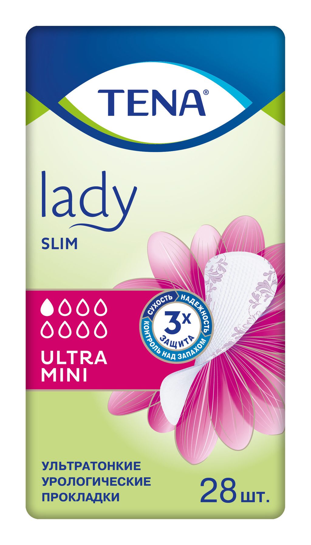 фото упаковки Прокладки урологические Tena Lady Slim Ultra Mini, прокладки урологические, 1 капля, 28 шт. фото упаковки Прокладки урологические Tena Lady Slim Ultra Mini