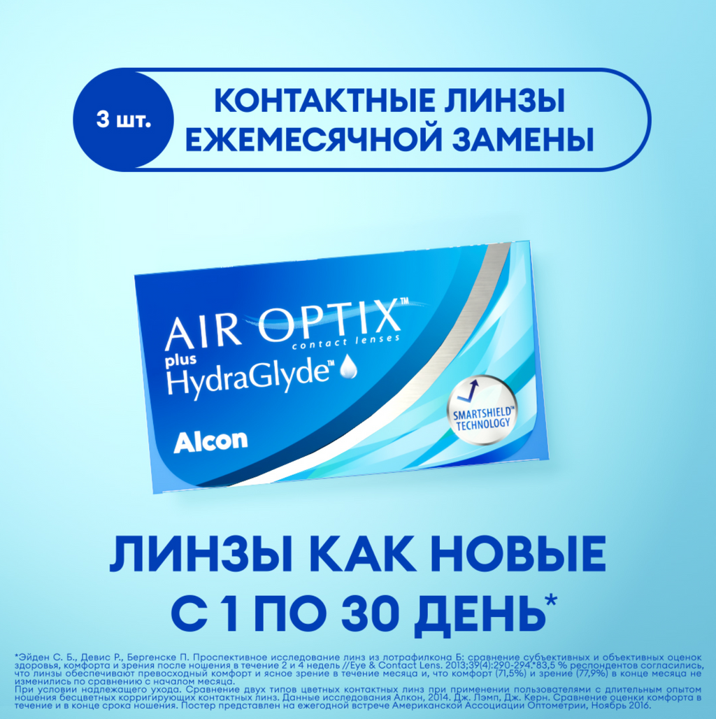 Alcon Air Optix Plus HydraGlyde Линзы контактные, BC=8.6 d=14.2, D(-8.00), 3 шт.