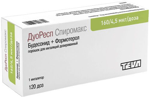 ДуоРесп Спиромакс, 160 мкг+4.5 мкг/доза, 120 доз, порошок для ингаляций дозированный, 1 шт. цена