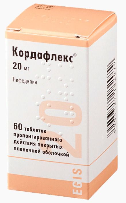 Кордафлекс, 20 мг, таблетки пролонгированного действия, покрытые пленочной оболочкой, 60 шт. цена